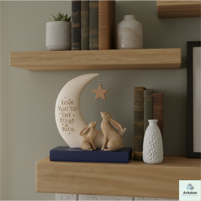 Moon and Hare figurine on a wooden shelf with books, featuring 'Love You To The Stars & Back' text.
