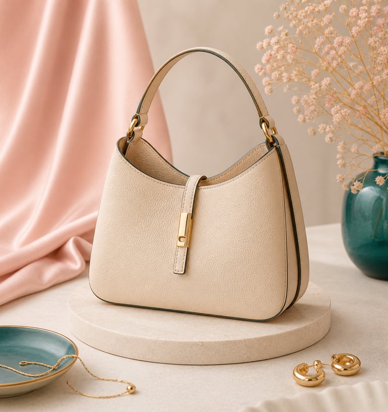 Cream leather hobo handbag on a stone display with elegant gold jewelry and pink silk fabric.