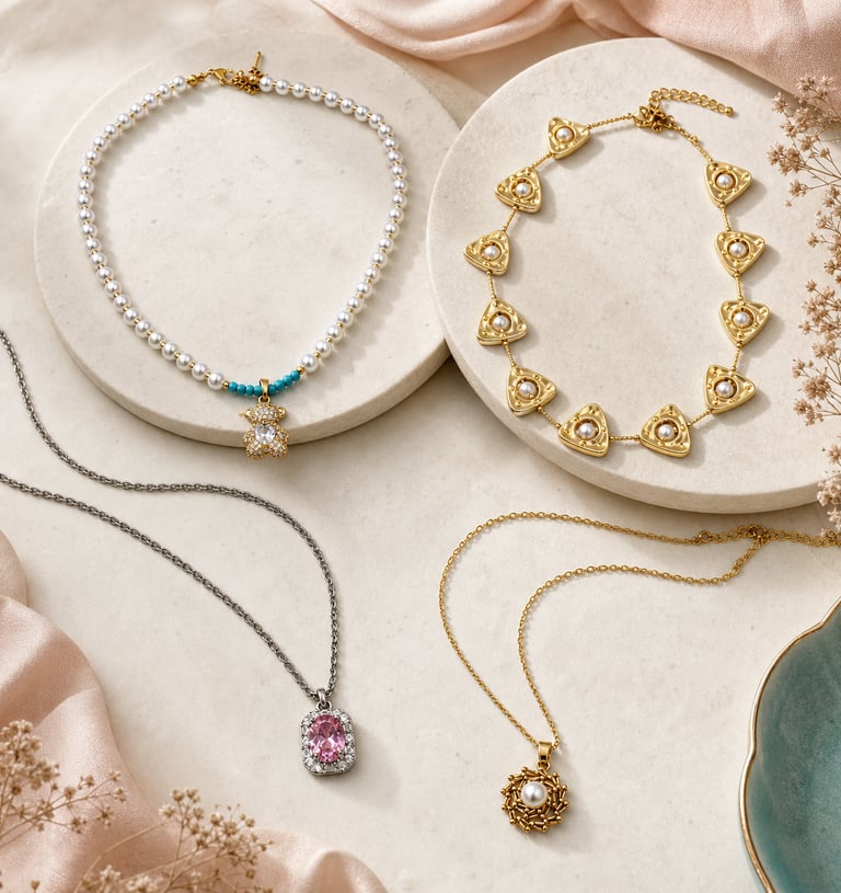 Elegant collection of pearl and gold necklaces with a pink gemstone pendant on a flat lay surface.