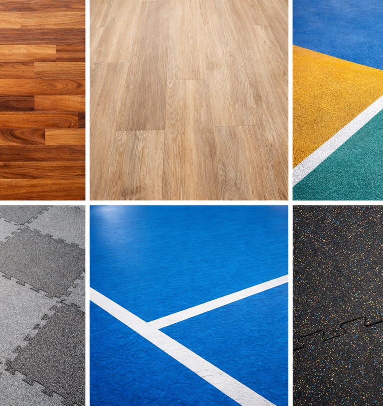 A collage showing various gym flooring options including hardwood, vinyl, and rubber tiles.