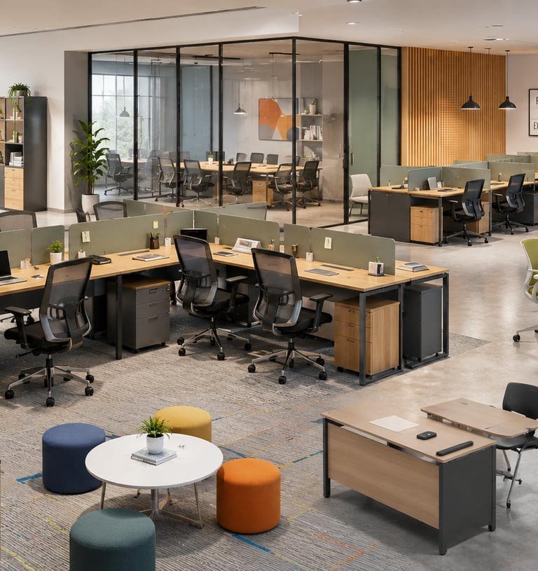 Modern open-plan office interior with ergonomic workstations, collaborative meeting areas, and modular furniture.