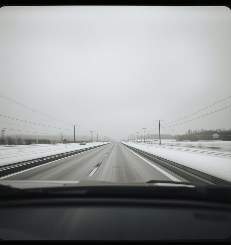 a car driving down a snowy road