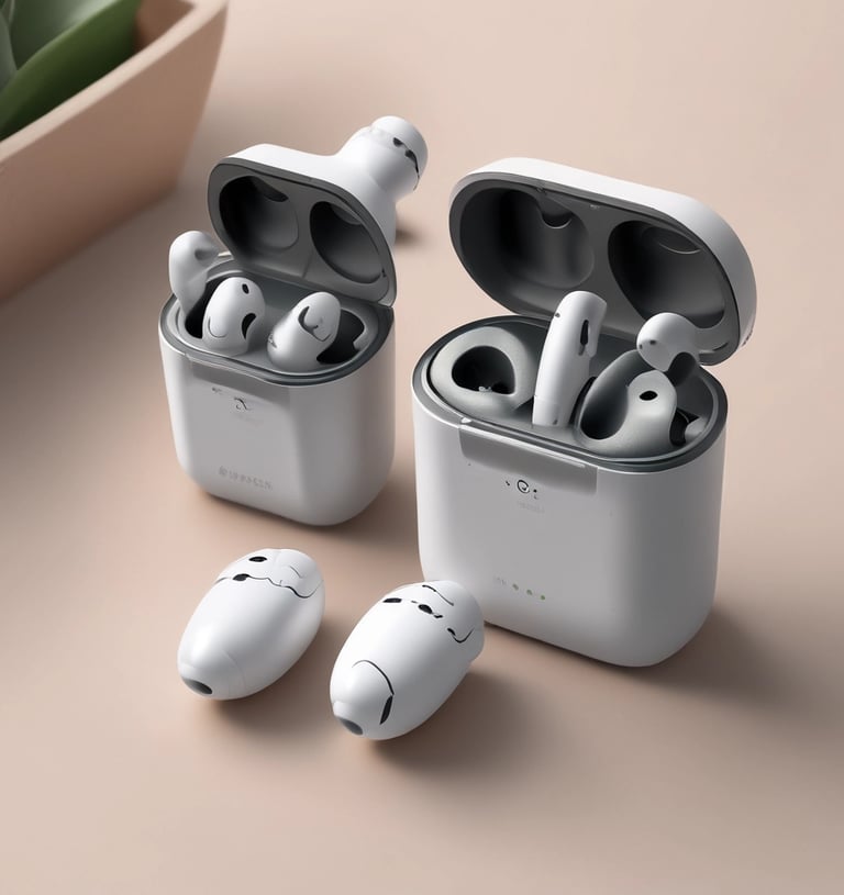 Wireless earbuds resting in their compact charging case