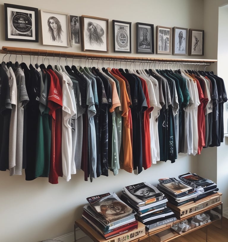 A rack of music and film themed t-shirts hanging in the shop