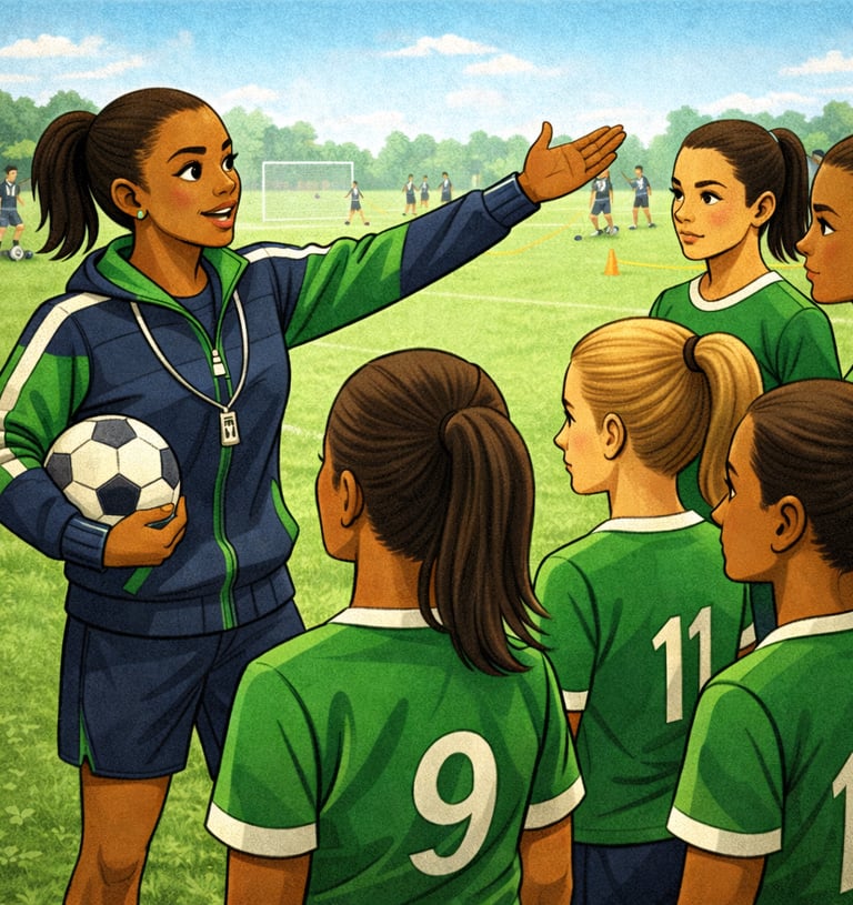 Treinador orientando os atletas de futebol.