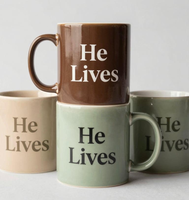 A collection of ceramic mugs with faith-inspired quotes arranged on a sand-colored cloth.