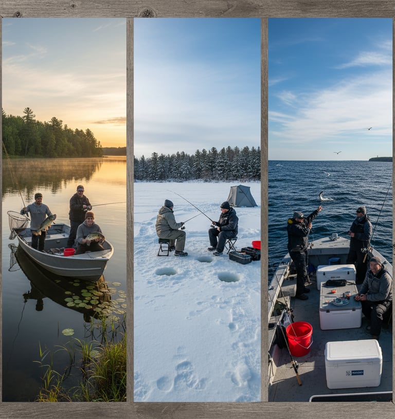 Friends fishing in different seasons including boat fishing on a lake and winter ice fishing.