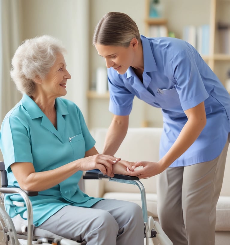 A woman in a white coat kneels beside a couch, attending to a baby held by another woman. A young girl watches the scene. A decorated Christmas tree is visible in the background, adding a festive touch to the cozy living room setting.