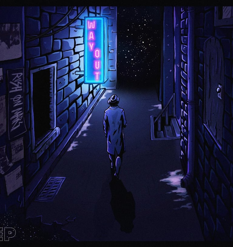 Image de l'illustration de la couverture de l'EP Way Out du groupe de hard rock Rush On Mars. On y voit un homme marchant dan