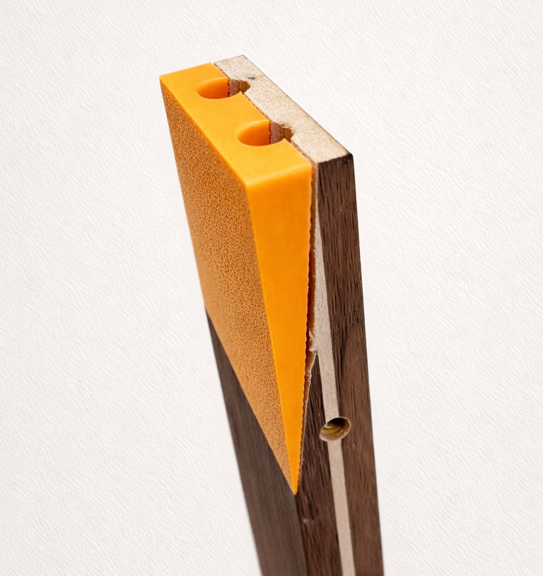 A textured orange door wedge mounted on a vertical dark wood board with holes.
