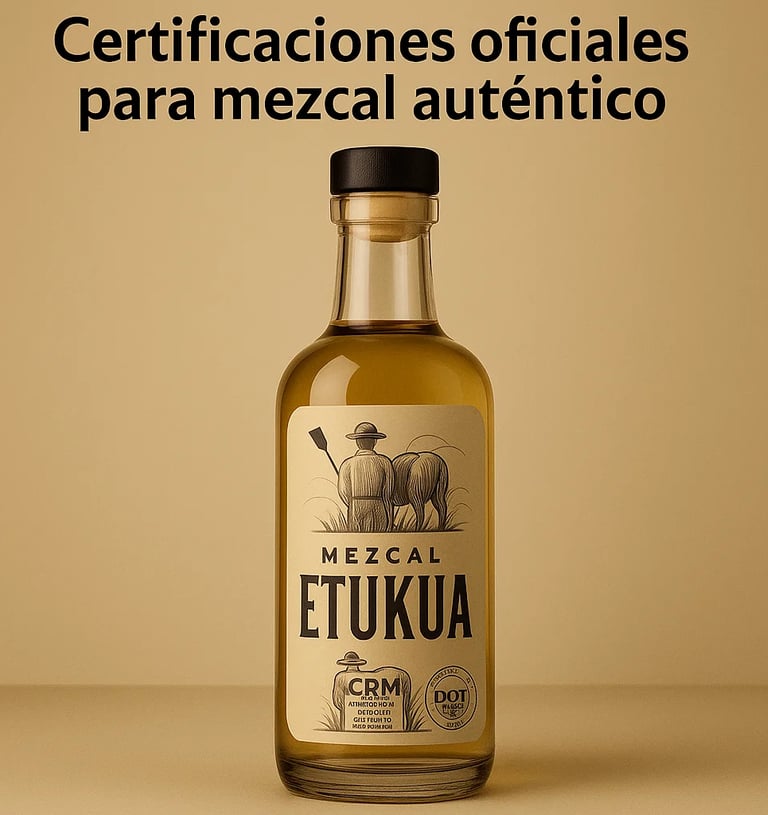 Sellos CRM y DOT en etiqueta de mezcal artesanal transparente