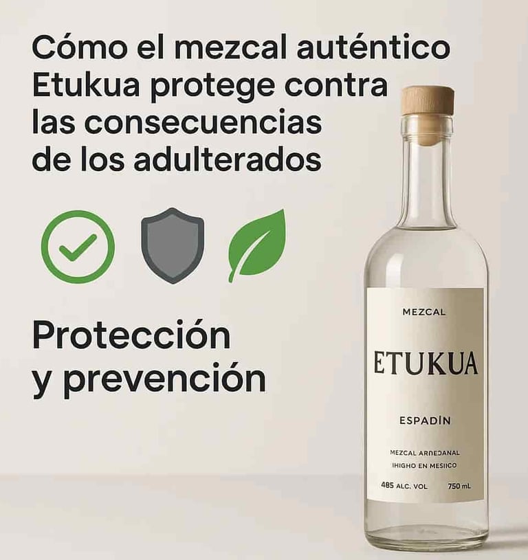 Alt text: Infografía de síntomas por consumo de mezcal adulterado: dolor cabeza, náuseas, visión