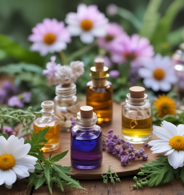 bottle of elderberry oxymel with leaves in the background and a marigold and crystal next to it