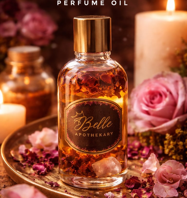 Handcrafted rose perfume oil by Belle Apothecary created through a 3-month rose petal maceration pro