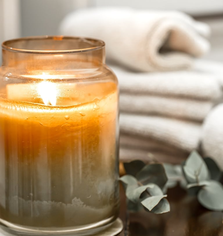 home. a candle with a candle in a glass jar -  click shop button bottom middle of image