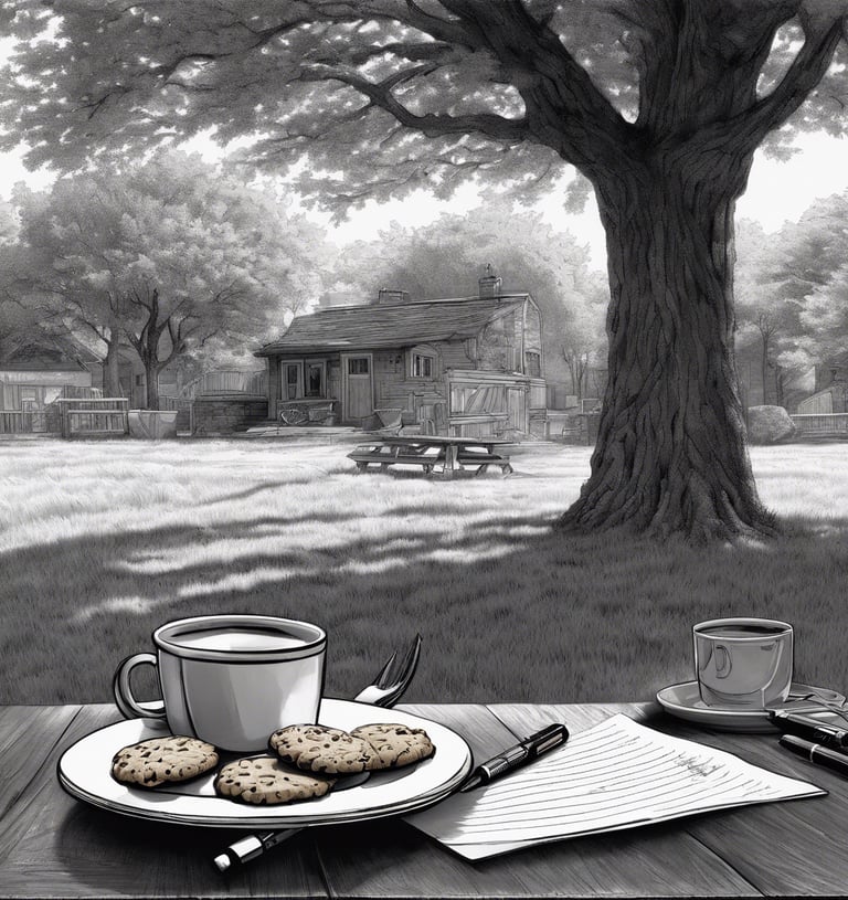 o masa pregatita la umbra unui copac pentru  un poet care se pregateste sa scrie poeme
