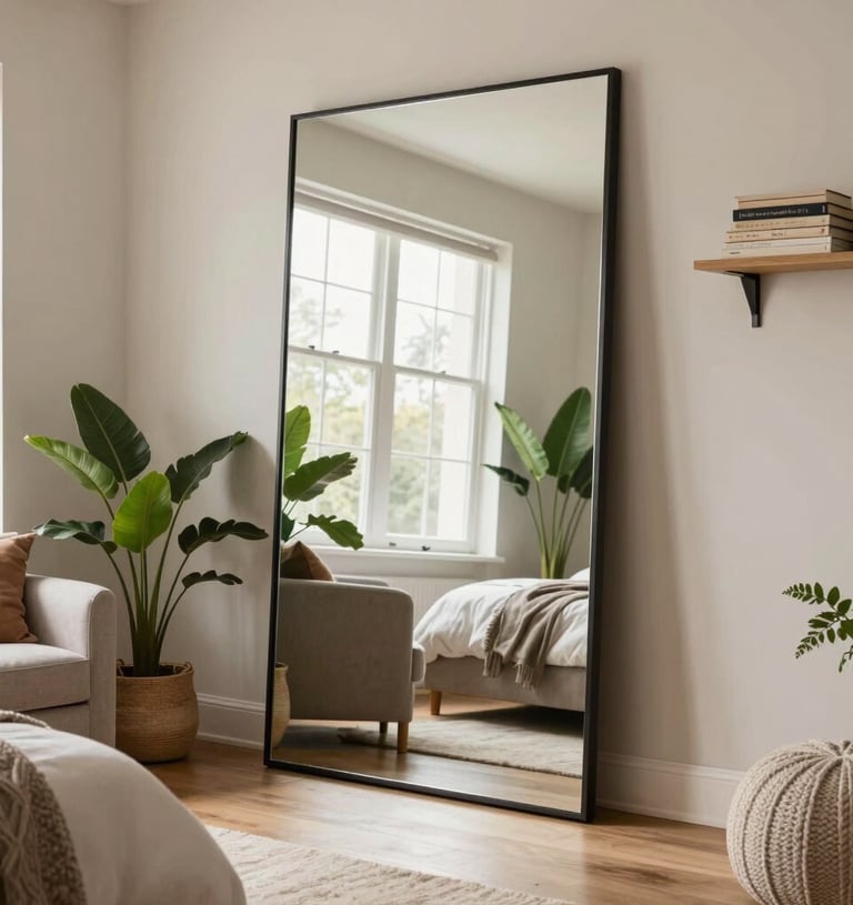 Miroir grande dimension avec cadre noir fin placé face à une fenêtre pour redistribuer la clarté 