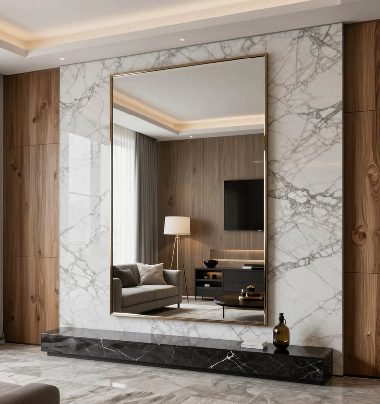 Miroir grande dimension avec cadre doré élégant installé sur un mur en marbre comme élément central 