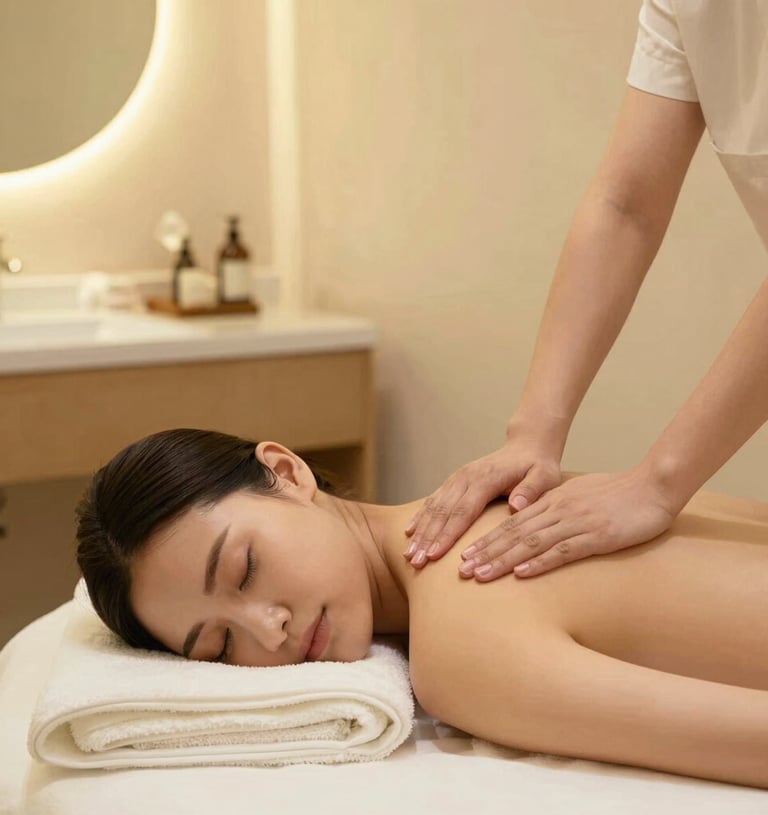 A woman receiving a relaxing back massage at a luxury wellness spa for stress relief.