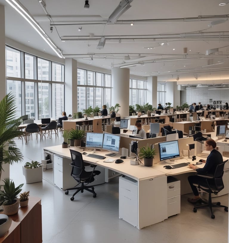 Modern office space equipped with security cameras and alarm sensors