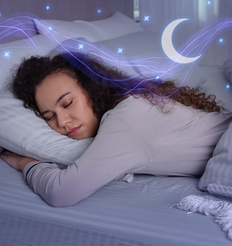 a woman is sleeping in a bed with a moon and stars floating over her