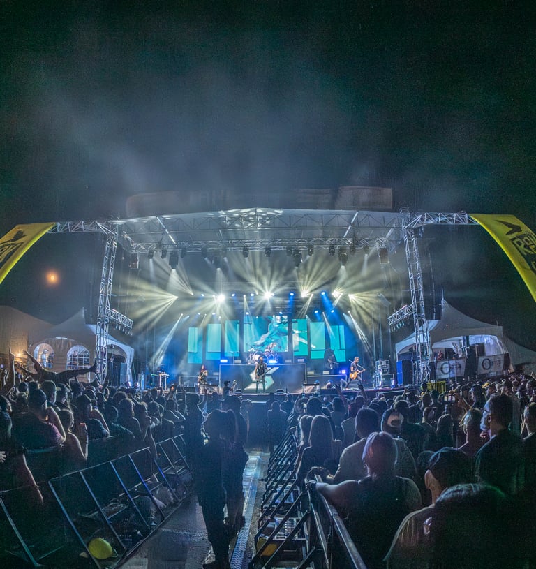 Live rock band performing on a lit outdoor stage at night during the Rok la Cauze music festival.