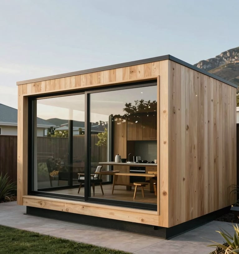 A contemporary modular garden studio with large glass windows and light sand-colored wood siding, set against a South African suburban backdrop.