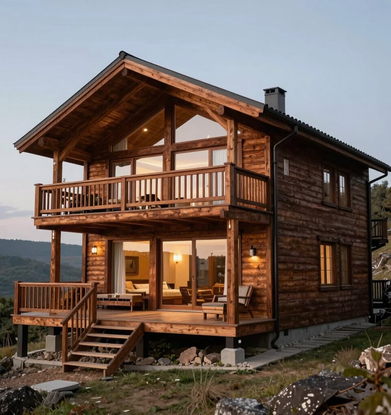 A large, luxury timber cabin with multiple rooms and a deck, constructed with deep brown wood, standing elegantly on a hillside.