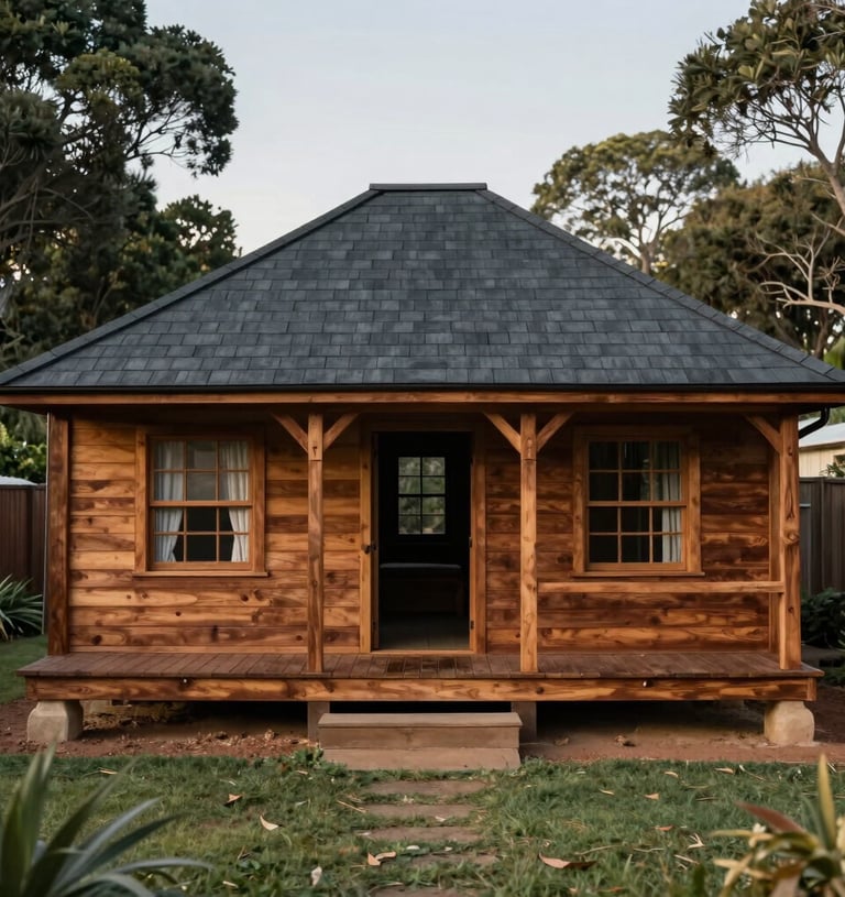 A classic South African Wendy house made of treated pine wood with a dark charcoal roof, positioned in a neat backyard setting.
