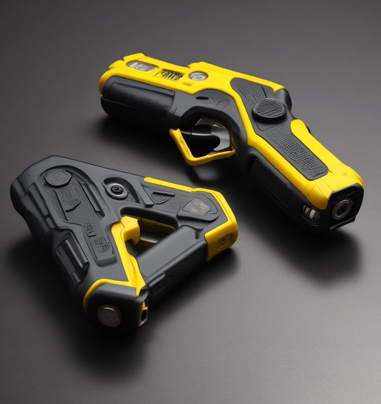 Close-up of compact personal protection tools like alarms and stun guns designed for women.