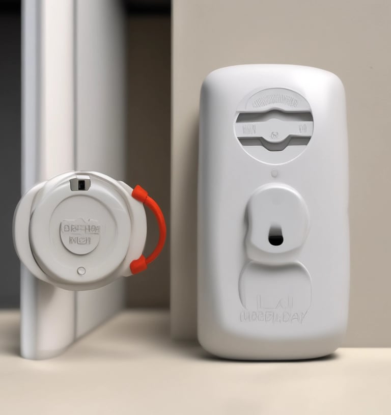 A selection of sturdy, stylish safety equipment such as door alarms and window locks displayed on a wooden table.