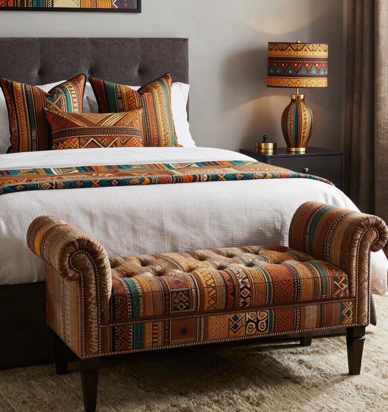 An artistic arrangement of handcrafted decor pieces featuring bold patterns and textures.