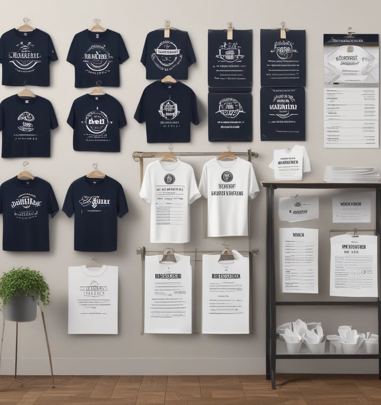 Branded merchandise including custom mugs and tote bags arranged neatly