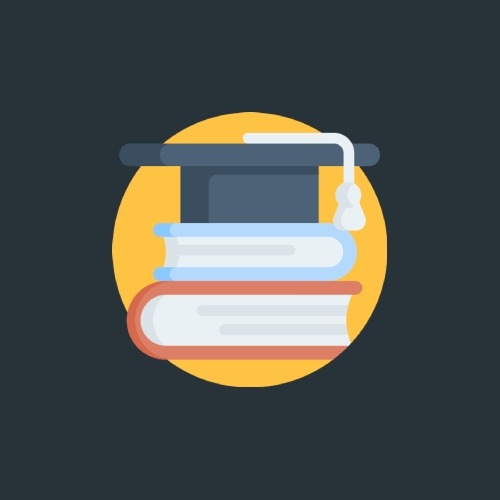 A stack of multicolored books with a graduation cap on top of it, in front of an orange circle.