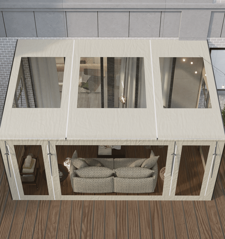 PVCFAB Aluminium pergola with heavy duty roll up all weather PVC covers and curtains with garden fur