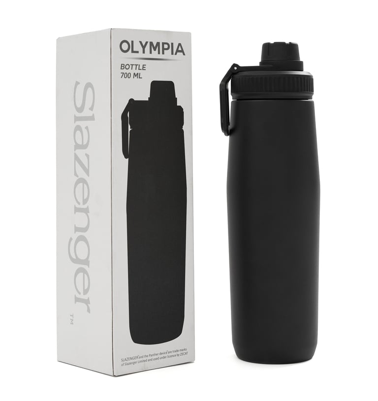 Slazenger Olympia black 700ml sports water bottle and its branded packaging box.