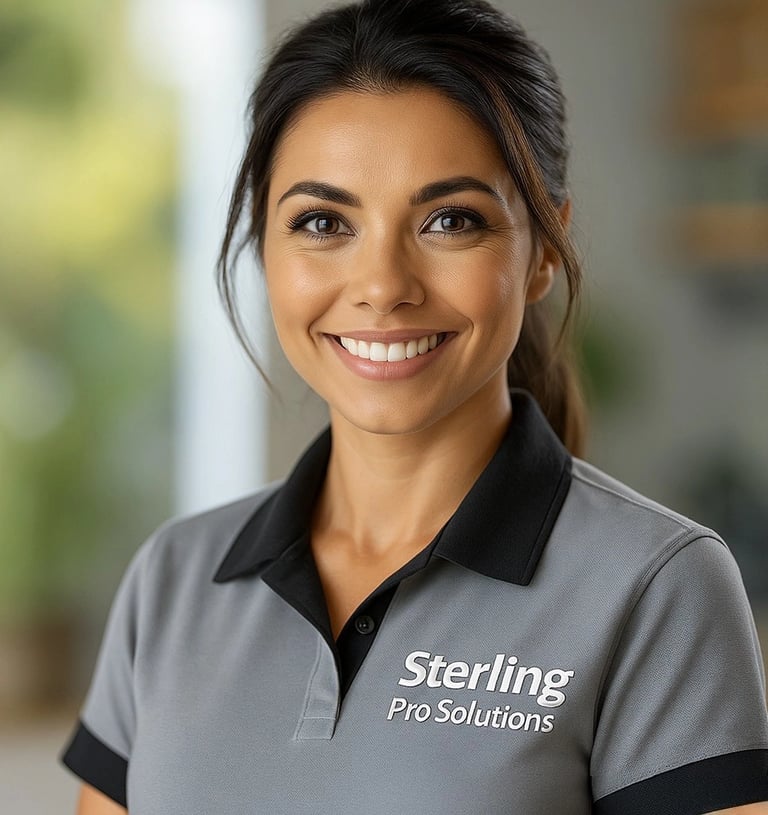 A woman wearing a Sterling Pro Solution's polo shirt, smiling with a neutral background. 