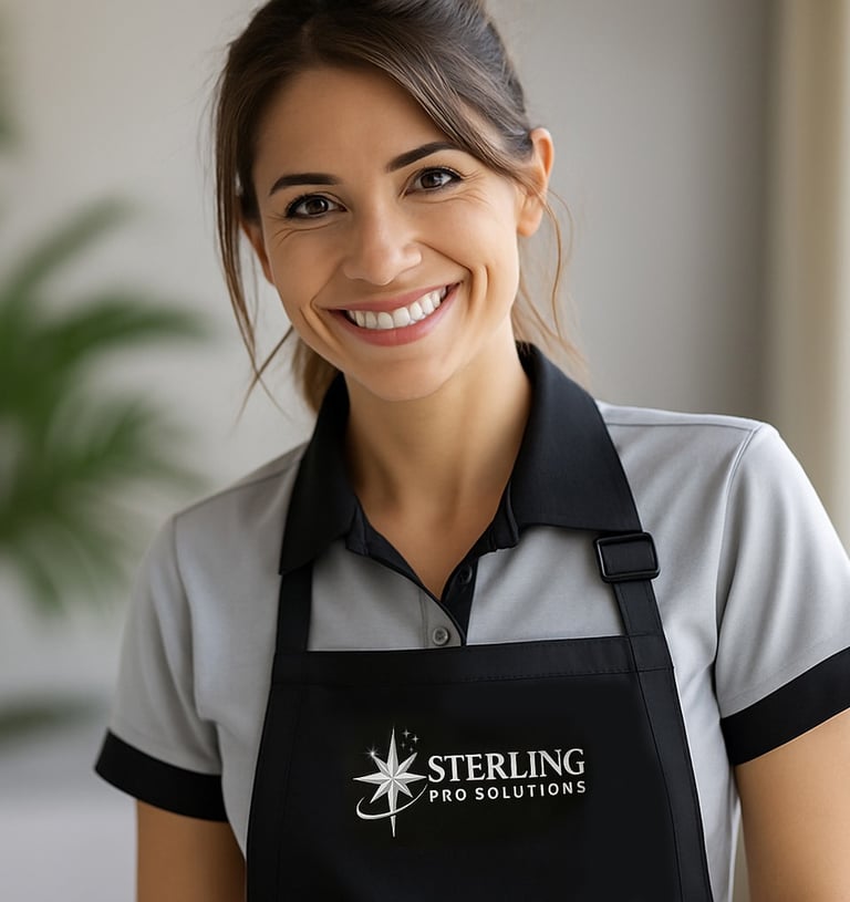 A smiling woman in an apron featuring the Sterling logo, radiating warmth and friendliness.