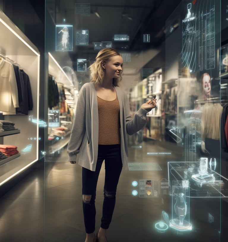 a woman standing in a store with a cell phone