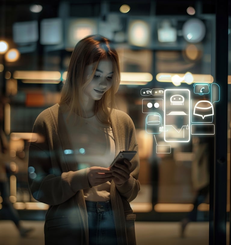 a woman in a brown cardigand sweater holding a cell phone