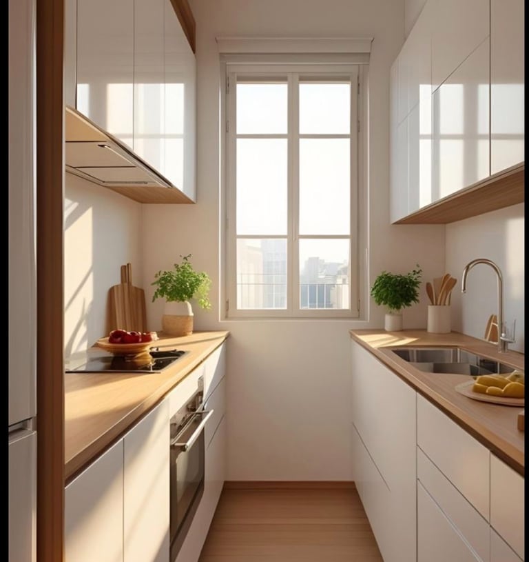 Modern minimalist galley kitchen with white cabinets, wooden countertops, and natural window lighting.