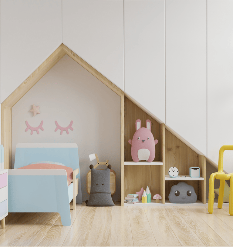 Small Kids bedroom design, with bed and organiser