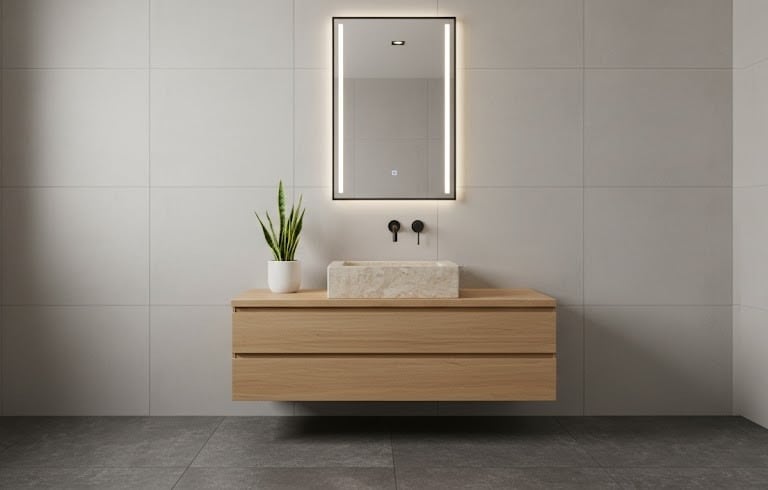 cuba de mármore esculpida instalada sobre um gabinete flutuante de madeira clara com gavetas.