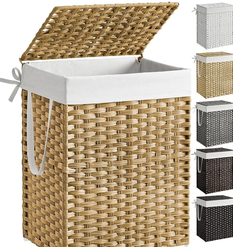 a wicker basket with a lid and a basket with a lid