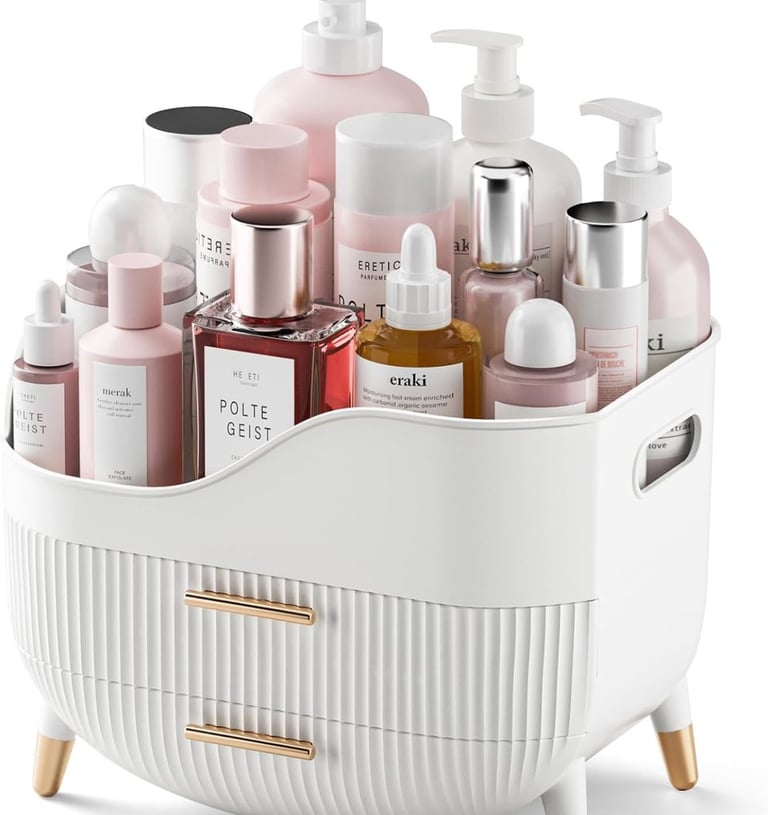 a white and white container with a lot of bottles of cosmetics