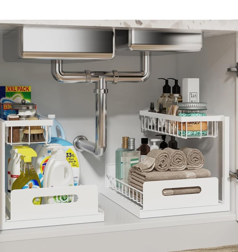 a kitchen sink with a shelf with a shelf with a basket underneath it
