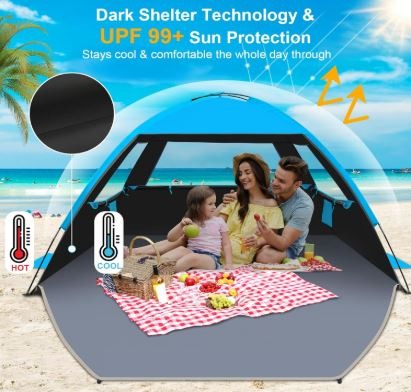 Portable beach tent with UPF 50+ sun protection, spacious for multiple people