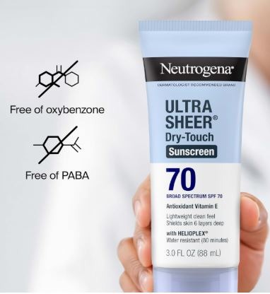 Bottle of ultra-sheer, water-resistant sunscreen lotion with SPF 70.