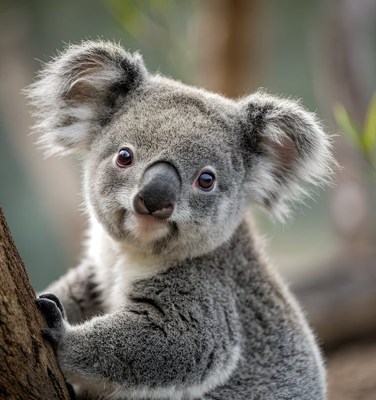 A cute Australian koala with fluffy ears clinging to a tree trunk in a natural habitat.