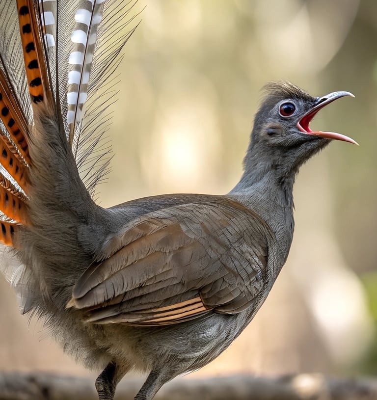 A Superb Lyrebird calling with its beak open and ornate tail feathers displayed in an Australian forest.
